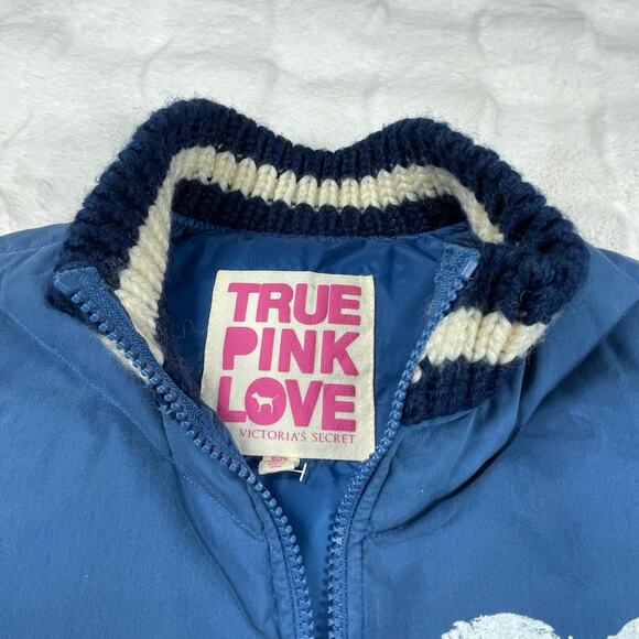 🔥PINK Victoria’s Secret Down Feather Spell Out Striped Trim Blue Vest Size XS/S - Picture 5 of 11